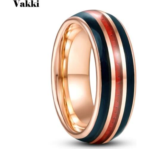 VAKKI 8mm Electric Gold Inlaid Black Guitar Strings Red Carbon Fiber Dome Tungsten Carbide Ring Mens Wedding Jewelry Gift