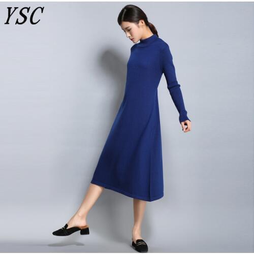 YUNSHUCLOSET spring Womens Knitted Cashmere Wool Dress Half High collar Long style Solid color Dress Free Shipping