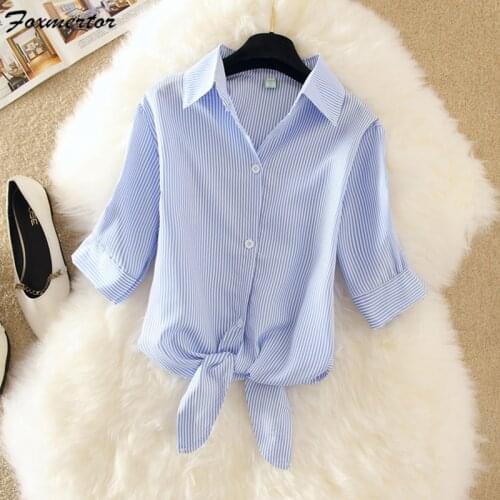Women Blouse shirt 2021 Summer Short sleeve Striped Shirt Blouse Solid Bow Blusas Loose Plus Size 4xl Tops Blusas Feminino