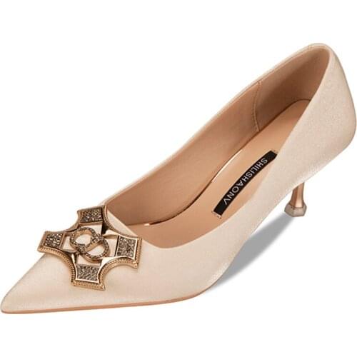 31-43 Big Size Small Size Spring Pointed Thin Heel Metal Decoration Square Buckle Satin High Heels Blue Women Shoes