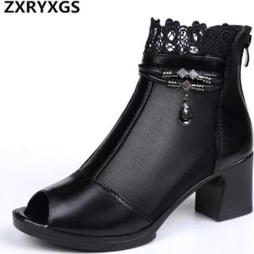 2019 New Fish Mouth Mesh Genuine Leather Sandals Fashion Shoes High Heel Sexy Lace Summer Boots Women Sandals shoes size 35-41