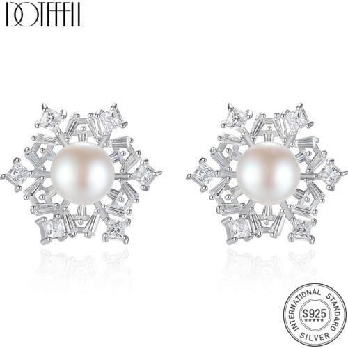 DOTEFFIL New 925 Silver Snowflake Stud Earring Natural Freshwater Pearl Earrings For Women Gift Fashion Jewelry Party Wedding