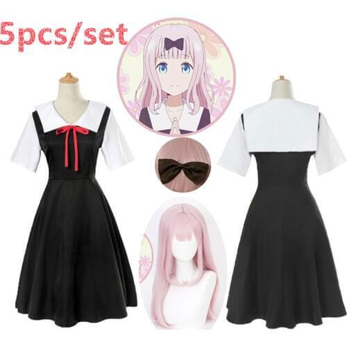 Kaguya-sama Love Is War Fujiwara Chika Cosplay Cotumes Women Girls Kaguya Shinomiya Uniform Dress Outfit Headwear Set Pink Wig