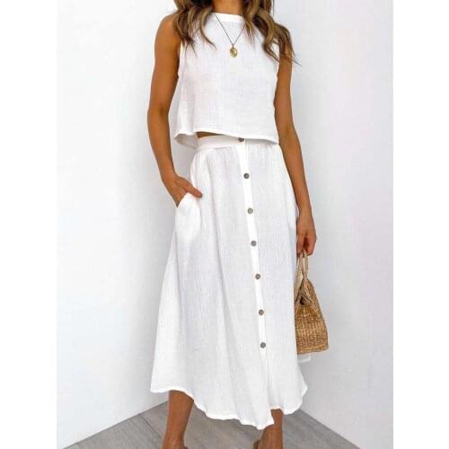 Loose Casual White Cotton Linen Ladies Suit Summer Beach Style Women Skirt Set Sleeveless Crop Tops Button Pockets Skirts