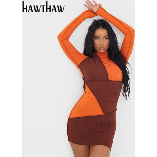 Hawthaw Women Autumn Long Sleeve Color Block Patchwork Bodycon Package Hip Mini Dress 2021 Fall Female Clothing Streetwear
