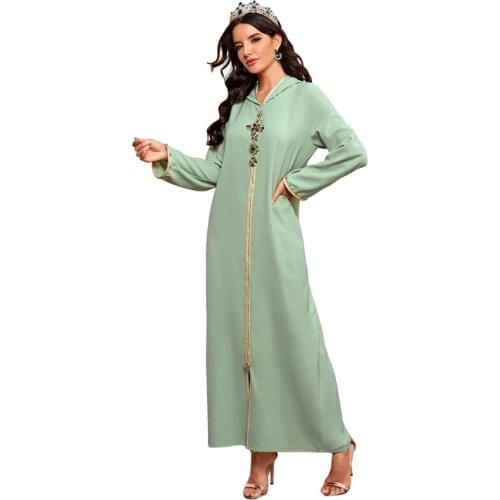 Women Handmade Faux Crystal Floral Muslim Abaya Long Sleeve Hooded Maxi Dress Dubai Kaftan Hijab Robe Ramadan Turkey Gown