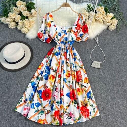 Europe Style 2021 New Summer Women Puff Short Sleeve Floral Print Fashion High Waist Dress Female Vacation Party Dresses