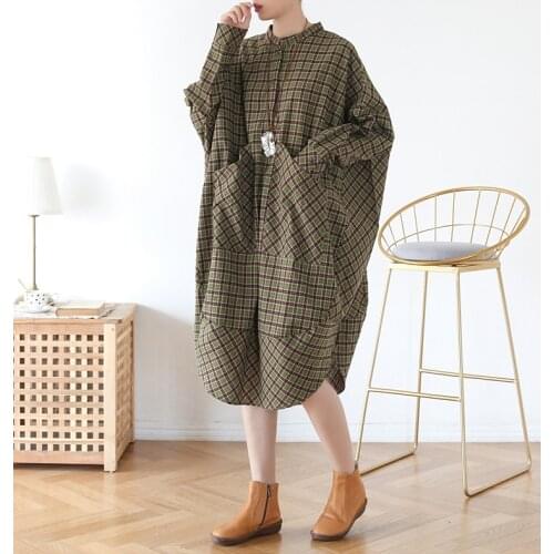 Johnature Retro Patchwork Dress Spring 2021 New O-Neck Plaid Loose Pockets Women Loose Casual Long Sleeve Dresses