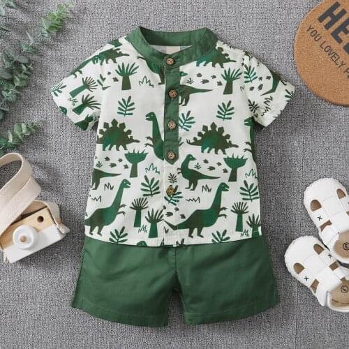 2Pcs Toddler Kids Baby Boy Summer Outfits Dinosaur Print Short Sleeve Button Down Shirt + Elastic Waist Shorts Clothes Set 1-5Y