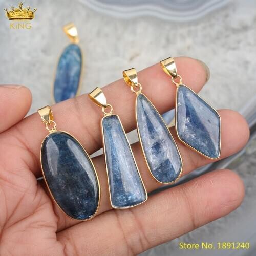 5pcs Natural Blue Kyanite Oval Rhombus Beads Pendant Necklace,Plated Gold Caps Kyanite Stone Slab Charms For DIY Jewelry Making