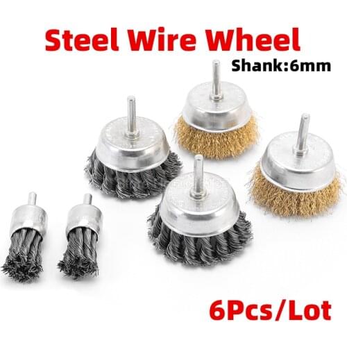 6PCS Flat Brush Drill Wire Wheel Heavy Duty Plastic Handle Rotary Set Tool Steel Twisted Knotted Crimp Electric Hand Rust Paint