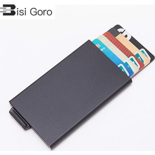 BISI GORO Aluminium credit card case solid anti rfid protection bank card cow leather purse Fashion slim thin Automatic Pop-up