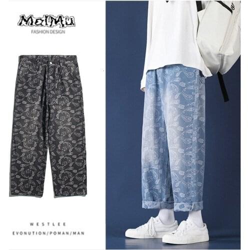 Jeans for Men Wide Leg Straight Overalls Printed Cashew Flower Denim Trousers Nine Points Four Seasons Loose Hiphop Street Jean