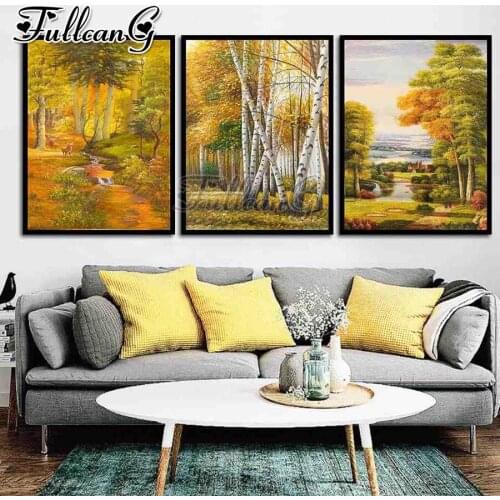 FULLCANG 5d diy diamond embroidery Autumn forest scenery diamond painting triptych full square round drill home decor FC2814