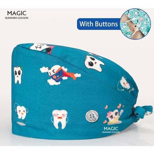 Cotton Multicolor Tieback nurse nursing scrubs Beautician hats Dentist Pet clinic hospital caps Surgical medical hat with button