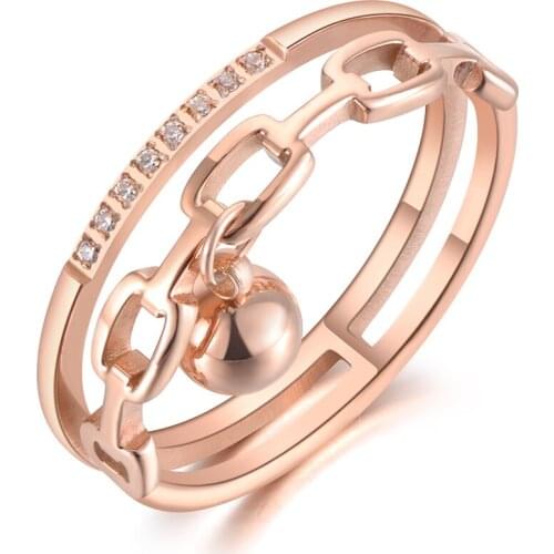 Stainless Steel Geometric Chain & Ball Ring Mosaic CZ Crystal Rose Gold Anniversary Ring Jewelry For Women R19092