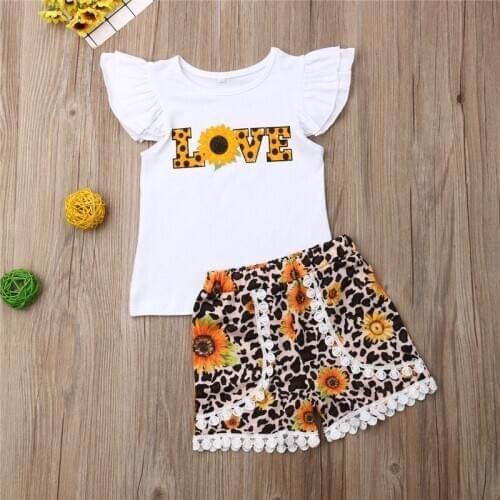 1-7years Kids Set Girls Clothing Set Love Letter Vest Girls Sunflower Tops Leopard Print Shorts Girls Clothes Set Children Suits