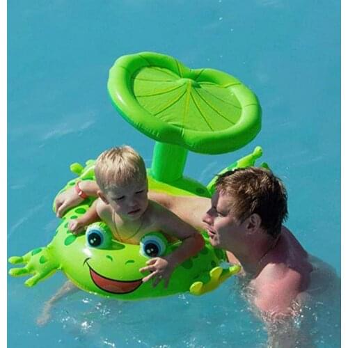 Creative Kids Children Pool Float Frog Swim Ring Inflatable Seat with Lotus Leaf Shade Summer Baby Beach Swimming Floating Toys