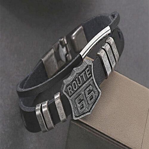 CUTEECO Vintage Punk Men Route 66 Sign Leather Bracelet Black Cuff Bracelets & Bangles Wristband Men Jewelry Accessories Gifts