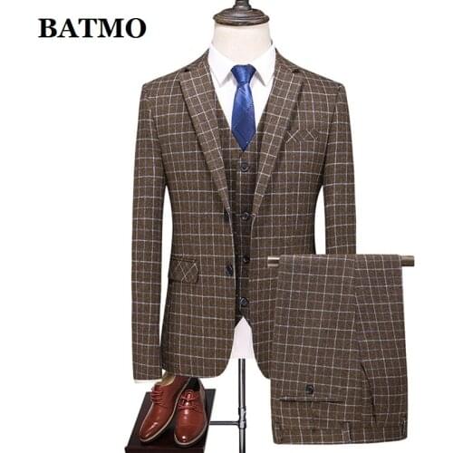 BATMO 2021 new arrival spring plaid casual slim wool suits men,mens wedding dress,jackets+pants+vest 715