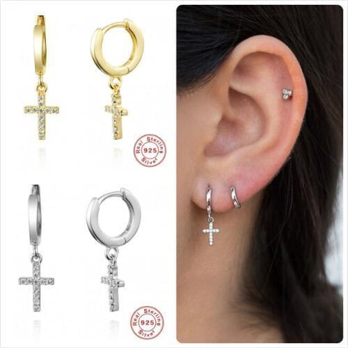 Real 925 Silver Earrings For Women Gold Zircon Cross Earrings Girl Ear Bone Piercing Earring Female Hoop aretes R5