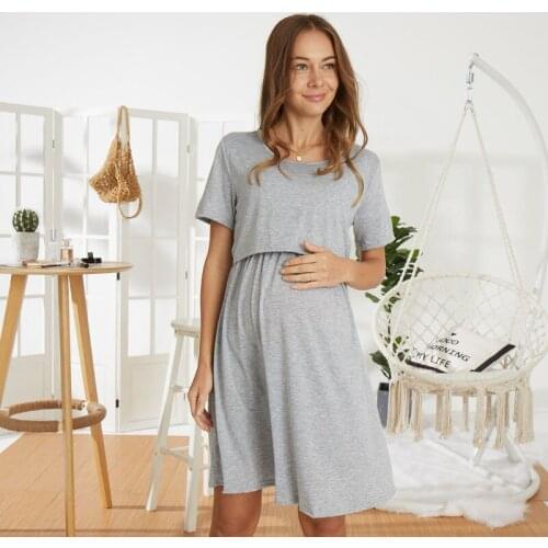 New Summer Women Solid Short-sleeve Nursing Dress Maternity Nightdress Breastfeeding Sleepwear Comfortable Pregnancy Clothes