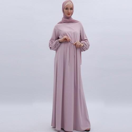 Solid Color Women Long Dress Lantern Sleeve Arab Islamic Muslim Ramadan Abaya Elastic Maxi National Style Moslem Turkey Caftan