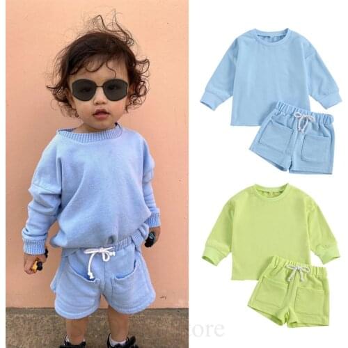 1-6Y Autumn Baby Boys Girls Clothes Sets Solid Causal Long Sleeve Pullover Sweatshirt Tops Pocket Shorts 2 Colors