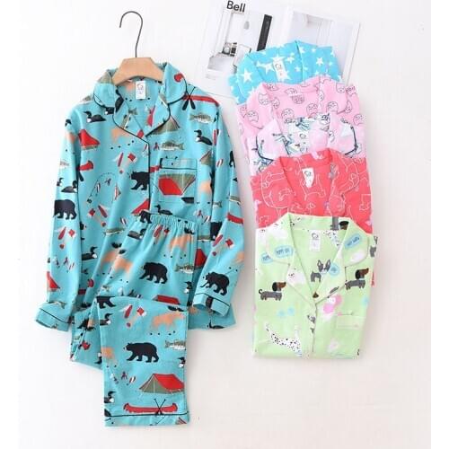 100% Cotton Pajamas Set Women Pyjama Cartoon Casual Female Sleepwear Long Shirt Pants 2 Piece/Set Winter Mom Homewear kPaCotAko