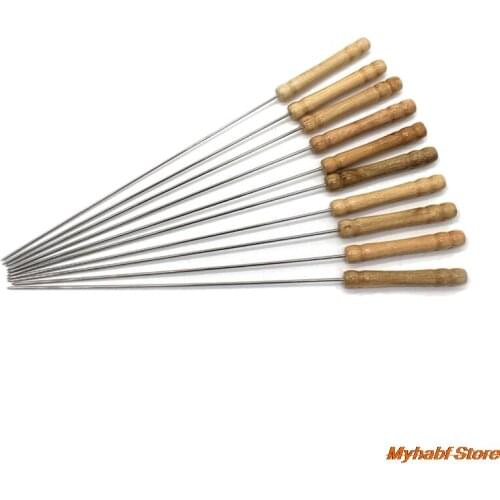 10pcs 31cm BBQ Kebab Skewers with Wooden Handle Reusable Stainless Steel BBQ Roasting Needle Barbecue Sticks Skewers BBQ Tools