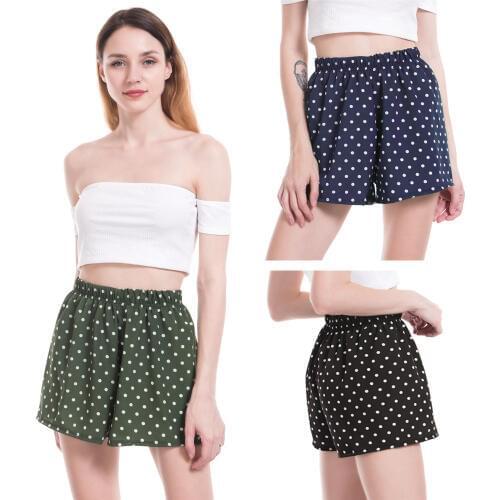 Ensnovo Vertical Dot Elastic Waist Loose Shorts Womens Mid Waist Shorts Summer Streetwear Straight Shorts