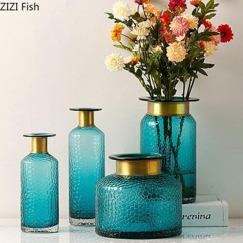 Modern Relief Transparent Glass Vase Ornaments Living Room Flower Arrangement Hydroponic Plant Blue Flower Vase Home Decoration