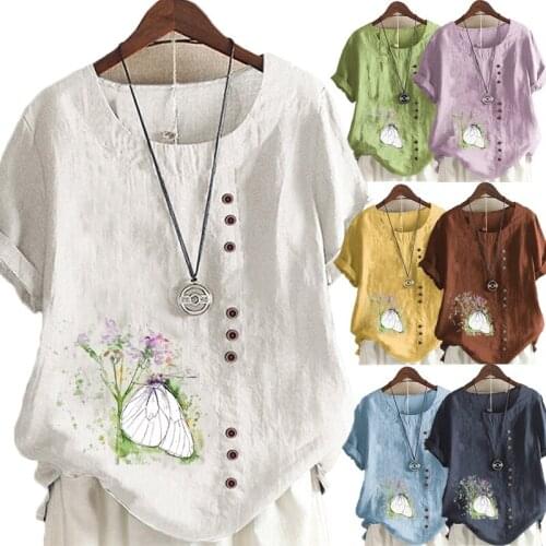 New Summer Ladies Casual Butterfly Print Loose T-shirt Retro Round Neck Large Size Short Sleeve Top S-5XL
