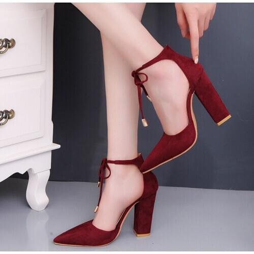 Korean version of suede high heel lace-up womens shoes thick heel temperament Baotou single shoes women red bottom high heels