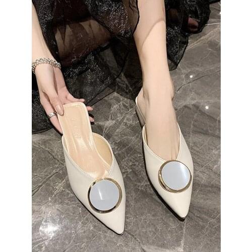 2021 summer new ladies Korean all-match baotou slippers fairy style round buckle pointed mid-heel sandals