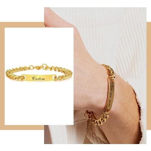 Custom Women Bracelet Stainless Steel Bar ID Bangle Personlized Name Coordinate Link Chain 17.5cm 19cm BFF Jewelry