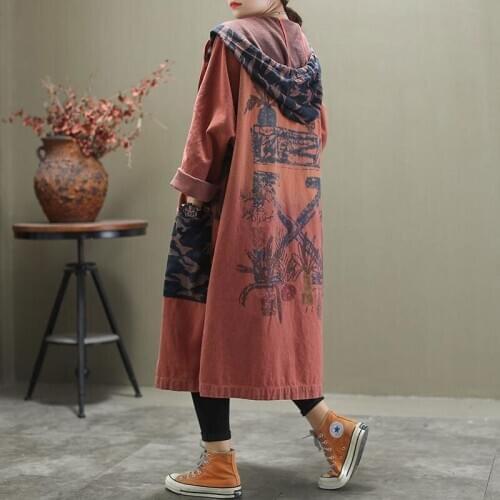 Cotton Denim Hooded Long Coat High Quality Spring Autumn New Arts Style Women Long Sleeve Loose Trench Coat Vintage Print