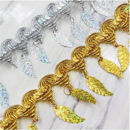 Gold Silver Silk Leaf Tassel Lace Latin Dance Laser Sequin Woven Lace DIY Handmade Sewing Stage National Costume Accessories
