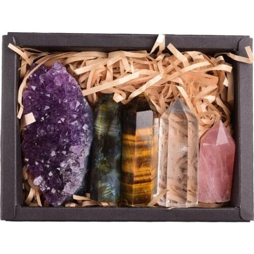 1set Natural Rose quartz Hexagonal Column amethyst cluster Healing Wand Mineral Crystal point Study Home Decoration Stone