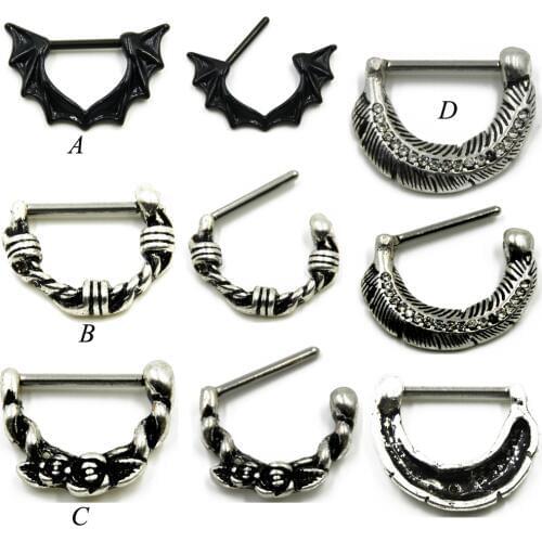 2Pcs 14G Tribal Nipple Barbell Septum Clicker Shield Piercing Nipple Ring Body Jewelry Bat&Barbed Wire&Antique Rose&Feather