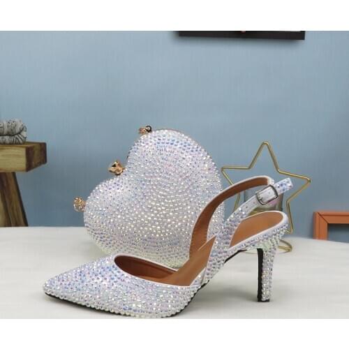 2020 New Arrival Heart White AB Bling Pointed Toe Wedding Shoes and bag Woman High Pumps Thin Heel Party Dress Shoes Slingbacks