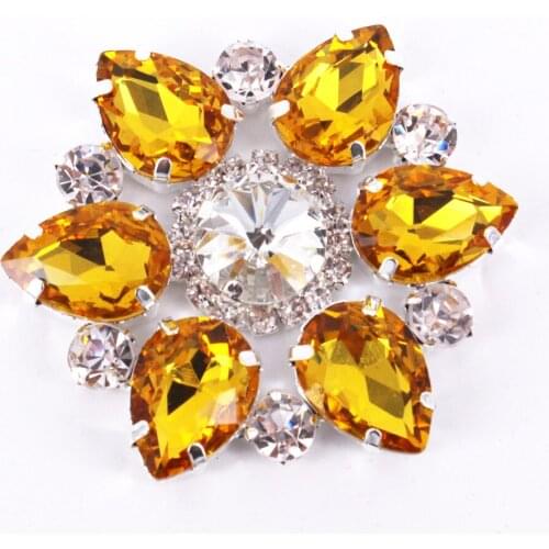 3.5x3.5cm 1pcs 35mm Yellow crystal ab rhinestone applique gold base flatback with holes Sew on rhinestone flower shape diy party