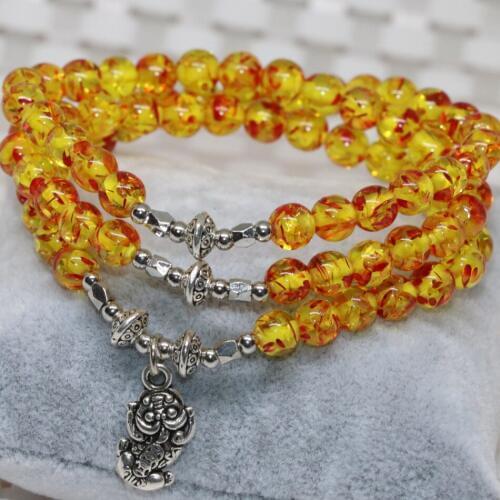 Elegant 3 rows yellow synthetic resin popcorn beeswax round beads bracelets bangle 6mm unique Multilayered women jewelry B2255