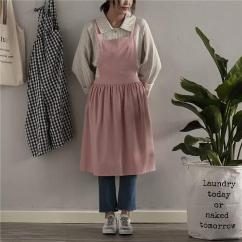Women Cotton Linen Cross Back Apron Japanese Housework Baking Wrap with Pocket Florist Dress Solid Color Garden Kitchen Apron