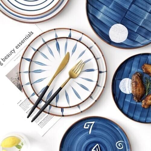 Japanese-Style Kitchen Ceramic Plate Creative Dish Household Hand-Painted Glazed Tableware Western Dish Steak Plate Dish