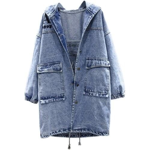 Spring Autumn Denim Jackets Female Fashion Loose Oversize Hooded Overcoat Women Casual Embroidery Windbreaker Cowboy Jacket Lady