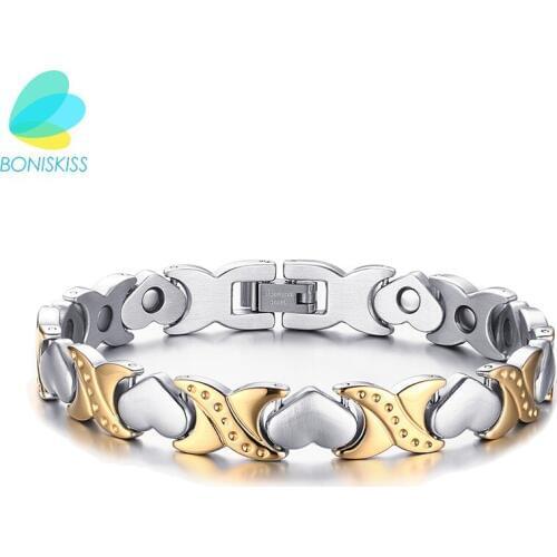Boniskiss Health Energy Magnetic Germanium Bracelet Heart Women Pulseras Hombre Chain Link Stainless Steel Bracelet Bangle