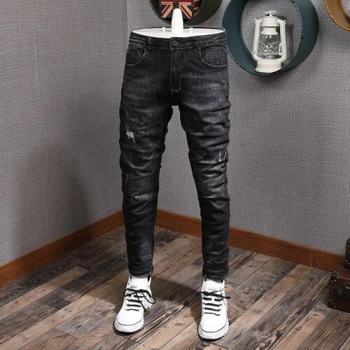 Korean Style Fashion Men Jeans Retro Black Gray Elastic Slim Fit Ripped Jeans Men Vintage Designer Cotton Denim Pencil Pants