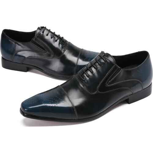 Batzuzhi Handmade Genuine Leather Men Dress Shoes Lace-up Blue Formal Oxfords Men Business/Wedding Party Footwear, EU38-46