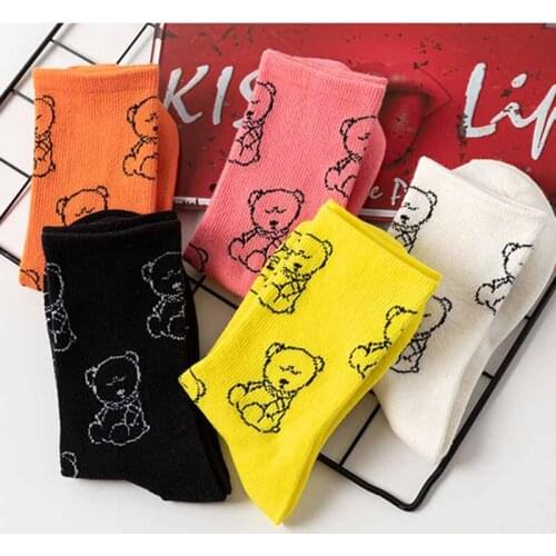 Lovely Animal Bear Print Cotton Socks For Women Harajuku Cartoon Casual Socks Female Candy Color Anime Socks Unisex Breathable